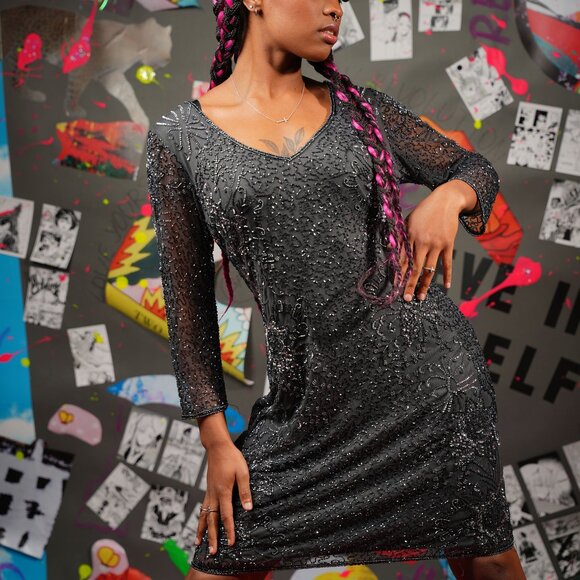 Vintage Black Beaded Cocktail Dress – 1980s 1990s Sequin & Bead Embellished - Picture 1 of 11